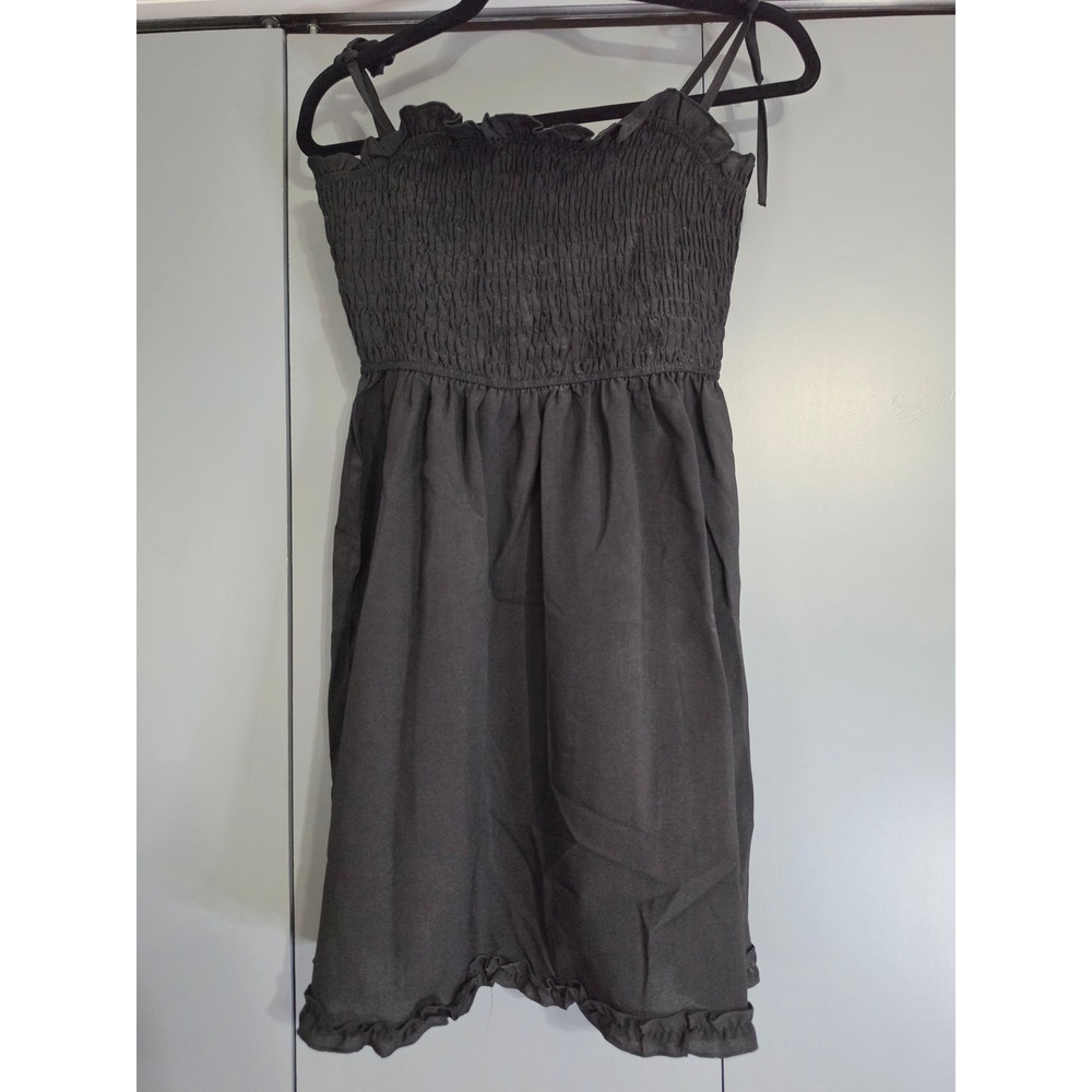 NWT SHEIN Dress Small Black Smocked Tie Shoulder Ruffle Hem Mini